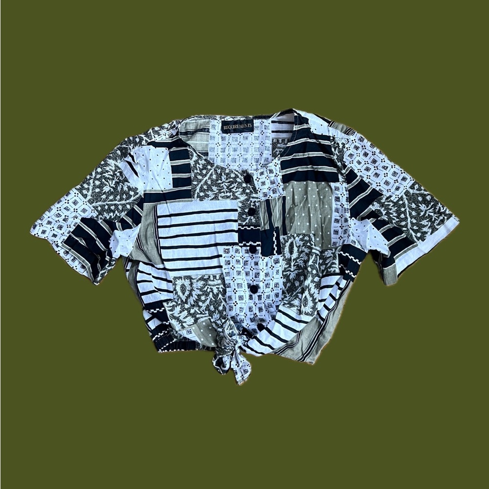 Black and White Patchwork Cropped Top with Tie Front Detail
